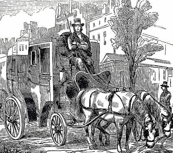 An engraving depicting a fiacre, a form of a hackney coach, a horse-drawn four-wheeled carriage for hire in Paris, 19th century