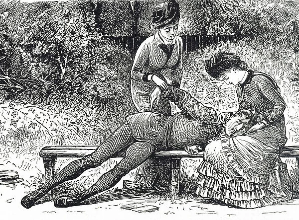 Engraving depicting first aid trained ladies treating a young man who has collapsed, 19th century