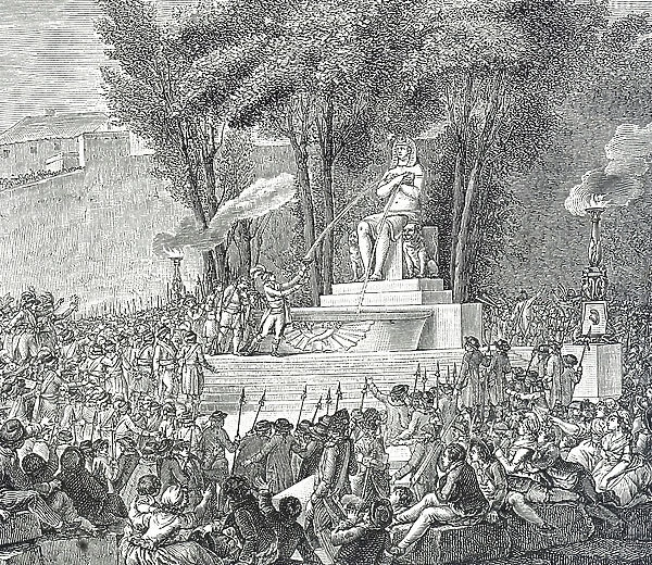 Engraving depicting the Fountain of Regeneration built out of the rubble of the Bastille, 18th century