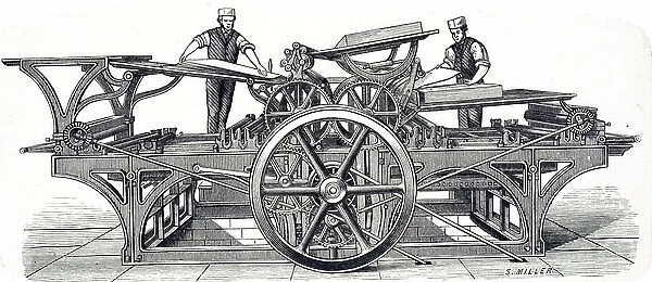 An engraving depicting a French double-cylinder book printing press with set-off and paper folding apparatus, 19th century