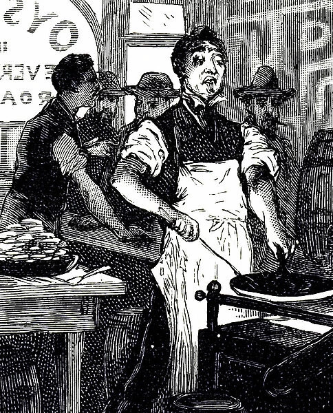 An engraving depicting the frying of oysters in an American snack-bar, 19th century