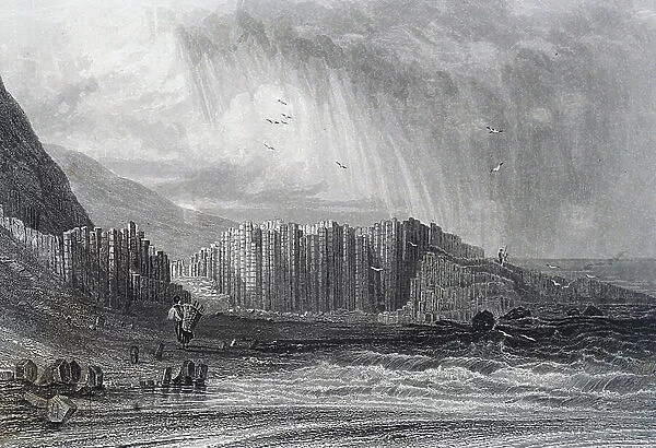 Engraving depicting the Giant's Causeway, an area of about 40, 000 interlocking basalt columns, the result of an ancient volcanic eruption, 19th century