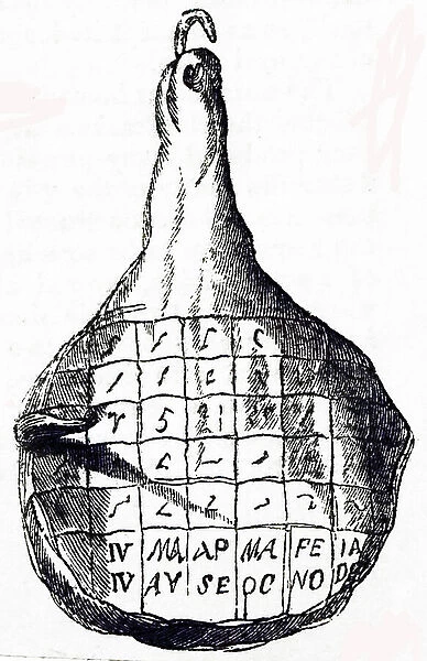 An engraving depicting a Ham dial so called because of its shape. The gnomon is on the left, and the months are marked off at the bottom to allow for the different lengths of shadow at different seasons, 19th century