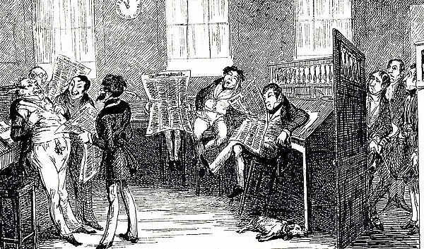An engraving depicting a holiday at the Public Office -clerks passing their time in idleness. Illustrated George Cruikshank (1792-1878) a British caricaturist and book illustrator, 19th century
