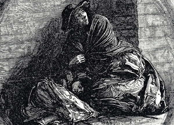 Engraving depicting homeless Londoners sleeping rough under a railway arch, 19th century