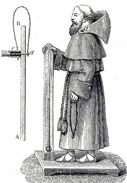 An engraving depicting a hygrometer. Monk's hood of thin cardboard attached to a piece of catgut at a; when air dry, catgut twisted and raised hood fell, 19th century