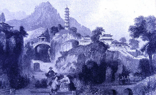 Engraving depicting the Imperial Travelling Palace at Hoo-kew-shan, China