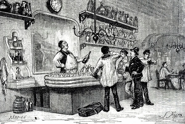 An engraving depicting the inside of a French bar, 19th century