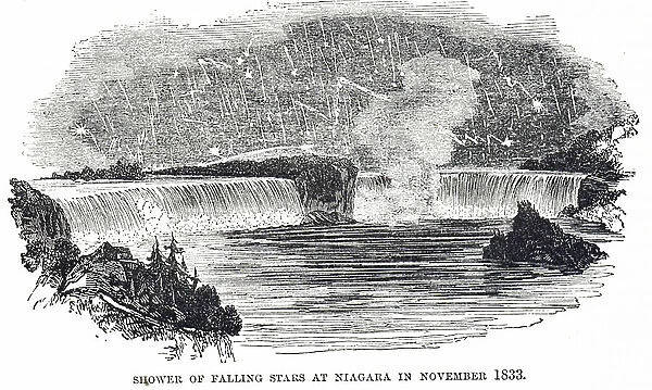 Engraving depicting the Leonids meteor shower, which was associated with the comet Tempel-Tuttle, as seen over Niagara Falls in 1833, 19th century