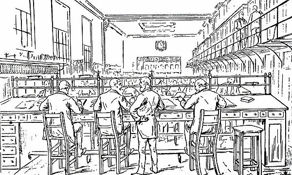 An engraving depicting the Long Office at the Railway Clearing House. This organisation was set up to make it possible for passengers and freight which was transported by many different railway companies for a single payment