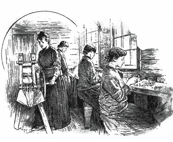 An engraving depicting the making of crackers at C. T. Brock & Co's firework factory, South Norwood, 19th century
