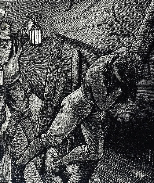Engraving depicting a man with a storm lantern, whilst another man tries to release a boat from it's stilts