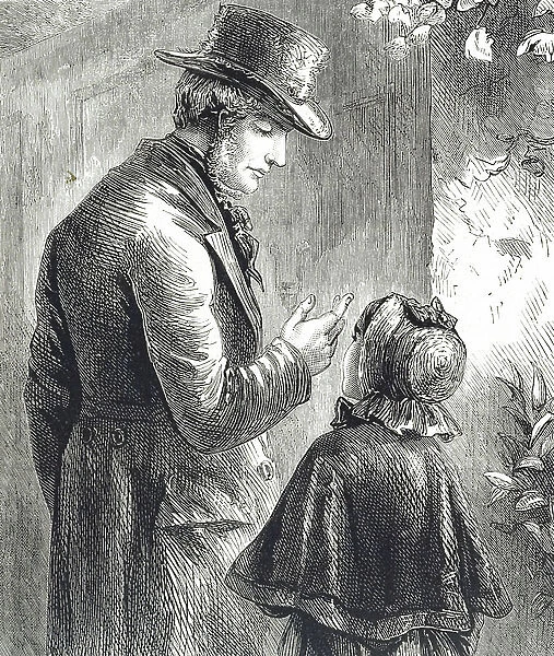Engraving depicting a man wearing a beaver hat speaking with a little girl wearing a bonnet, 19th century