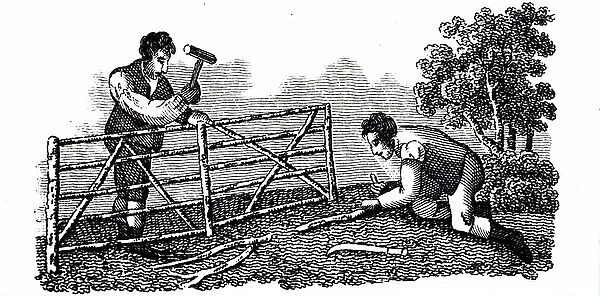 An engraving depicting two men building hurdles, 19th century