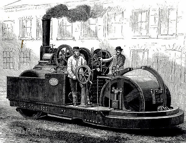 An engraving depicting Messrs Clarke & Batho's steamroller, 19th century