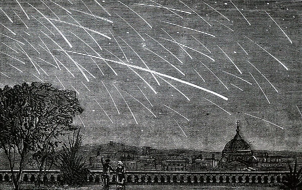 Engraving depicting a meteor shower observed from Boston in 1872. Dated 19th Century