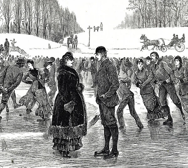 Engraving depicting a middle-aged couple ice skating