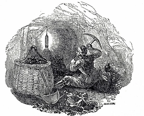 An engraving depicting a miner digging coal with the aid of a Day lamp, 19th century