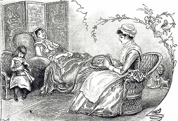 An engraving depicting a nursemaid with her charges in their mother's dressing room. The nurse and the child are in wicker chairs. A screen is behind the head of the daybed, 19th century