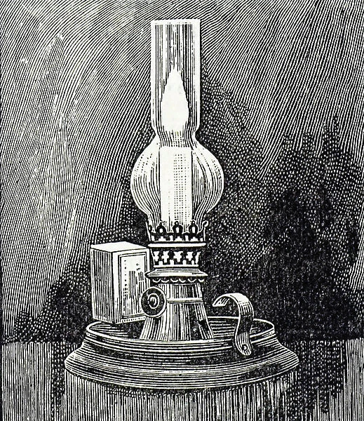 Engraving depicting a oil table lamp with a wire gauze cylinder over the flame, designed to burn heavier petroleum products with a flash-point of 100 degrees Celsius, 19th century