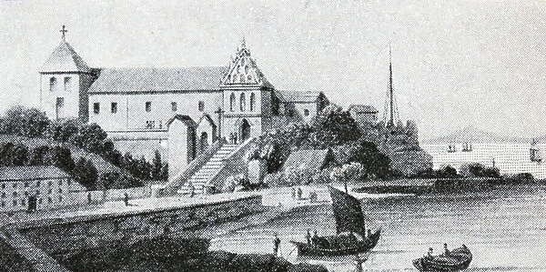 Engraving depicting the Old Franciscan Monastery at Macao