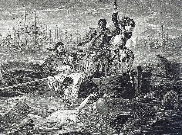 Engraving depicting the painting titled Watson and the Shark a 1778 oil painting by John Singleton Copley, depicting the rescue of the English boy Brook Watson from a shark attack in Havana, Cuba