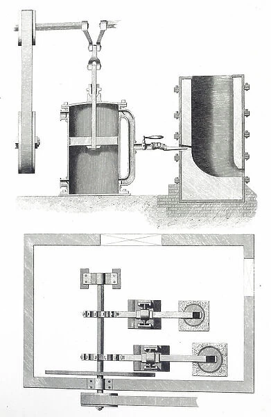 Engraving depicting a piston blowing machine for supplying a draught to the blast furnace for smelting iron (top)