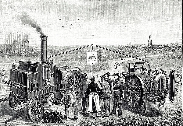 Engraving depicting a portable autoclave worked by a steam engine being used to sterilise bedding during an outbreak of miliaria, 19th century