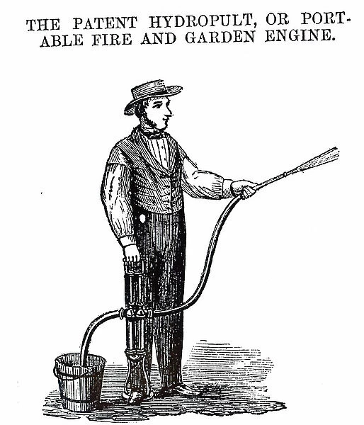 Engraving depicting a portable stirrup pump for use as a fire extinguisher or a garden spray, 19th century