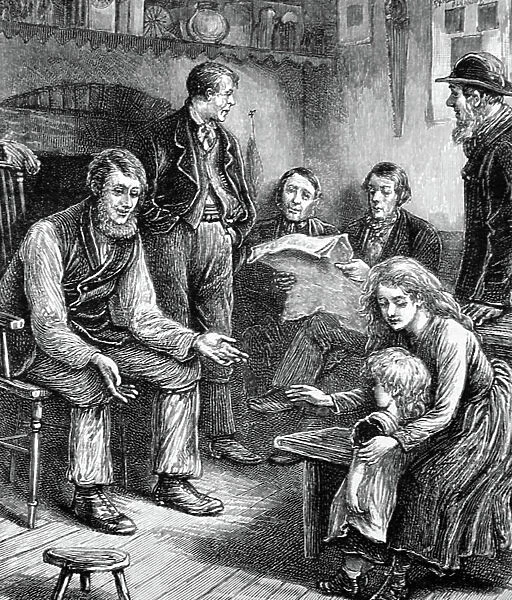 Engraving depicting a preacher telling a bible story to a young girl at an inn, 1860 (engraving)