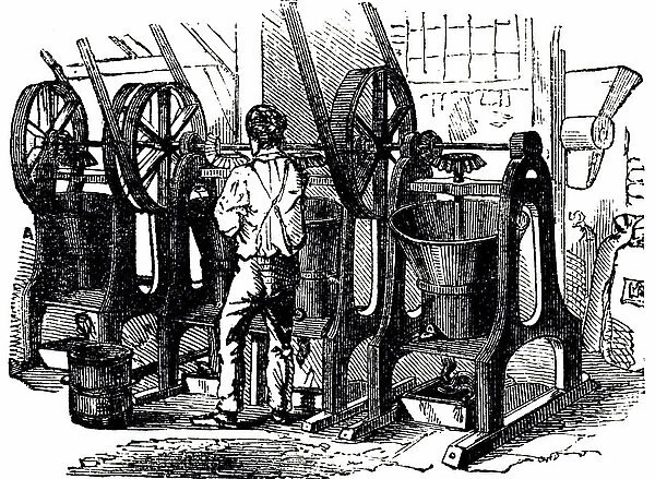 An engraving depicting the production of flake cocoa by grinding roasted cocoa beans. Cocoa was a cheaper product than chocolate as it was produced from beans which had not been as thoroughly husked, 19th century