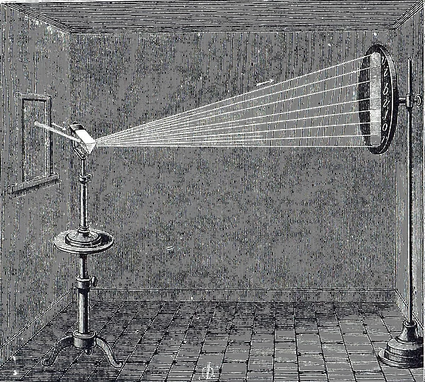 An engraving depicting the projecting of a beam of sunlight (white light) passing through a prism and breaking it down into it's separate colours, 19th century