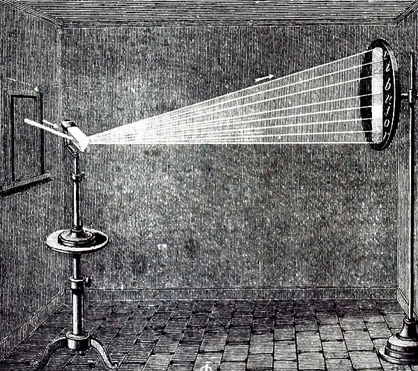 An engraving depicting the projecting of a beam of sunlight (white light) passing through a prism and breaking it down into it's separate colours, 19th century