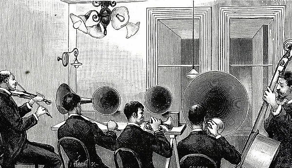 Engraving depicting a quintet playing in New York, playing into four microphones, giving a concert which is being transmitted by telephone to an audience in Newton, 19th century