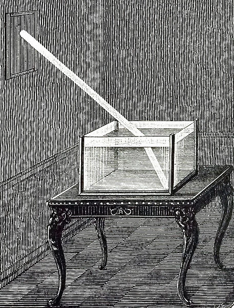 An engraving depicting the refraction of a beam of light in a bowl of water. The beam of light is bent because light changes direction as it moves from one medium to another (air to water), 19th century