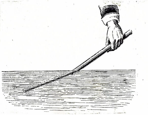 An engraving depicting refraction: a piece of wood appearing to be bent where it enters the water because the path of light alters as it moves from one medium to another, 19th century