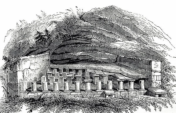 An engraving depicting the remains of a hypocaust for heating the Roman bath at Lincoln, 19th century