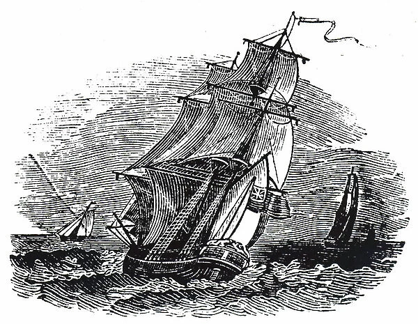 Engraving depicting a sailing ship caught in a stiff breeze and choppy seas