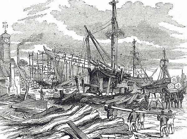 Engraving depicting a ship docked at Green, Wigram, and Green's Shipyard, Blackwall, 19th century