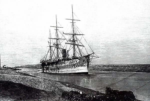 An engraving depicting a ship passing through the Suez Canal, Egypt, 19th century