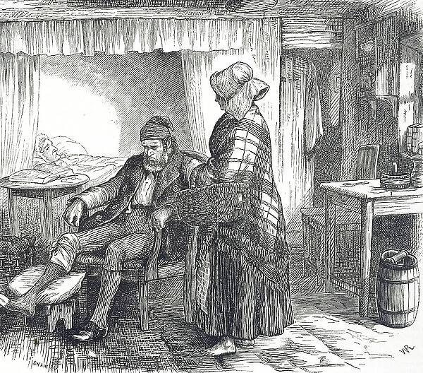 Engraving depicting a smallholder's cottage interior, 19th century