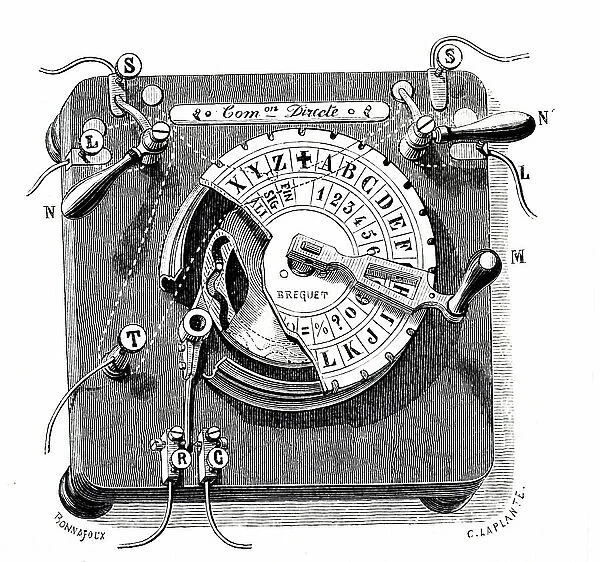 An engraving depicting the transmitter of an early model of a Breguet dial telegraph, 19th century