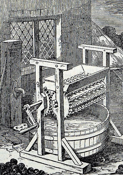 An engraving depicting a type of cider mill used in Ireland for crushing apples for cider making, 19th century