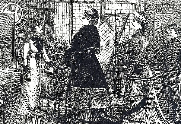 Engraving depicting a visitor to the dressmaker, 19th century