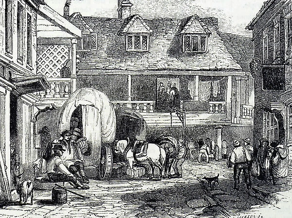 Engraving depicting waggons in the yard of Talbot Inn, Southwark, 19th century