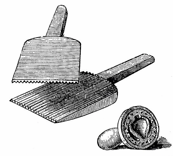 An engraving depicting a wooden butter mould and hands for making butter pots, 19th century