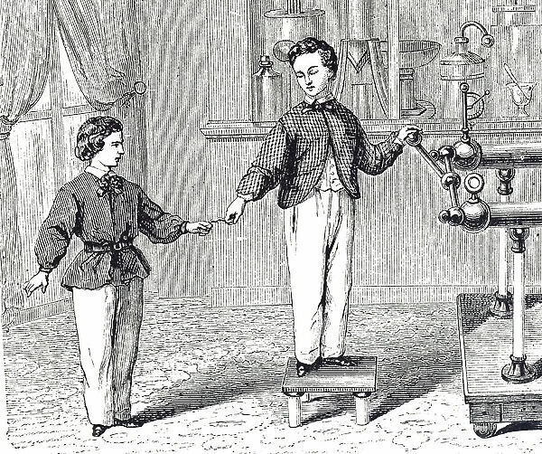 Engraving depicting two young boys experimenting with an electrical machine