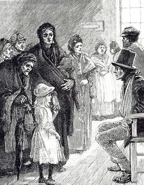 An engraving depicting a young girl waiting to see a doctor in the poor working district, 19th century
