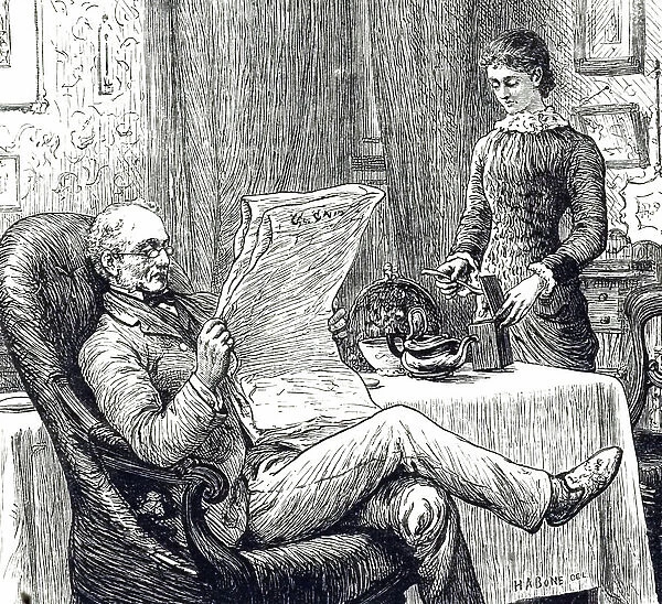 An engraving depicting a young woman taking tea from a caddy while her father reads his newspaper, 19th century