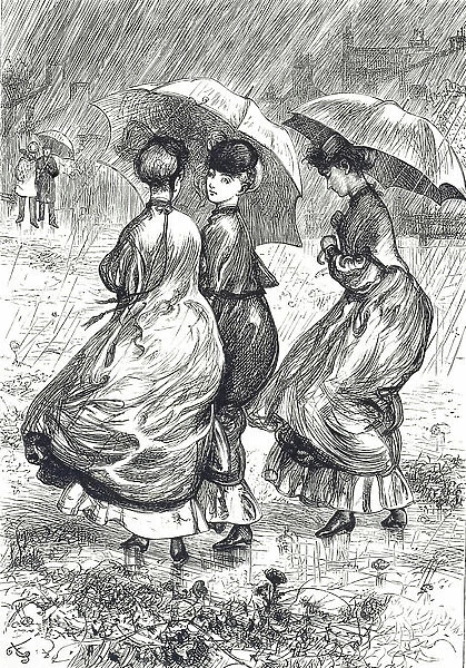 Engraving depicting young women huddling under umbrellas during a rain storm
